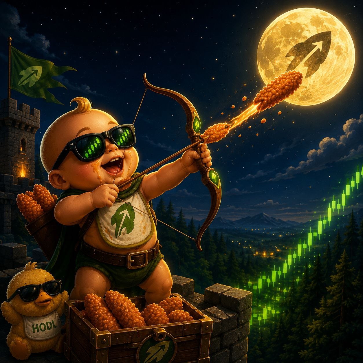 Baby Robin Hood firing a tendie arrow at the moon