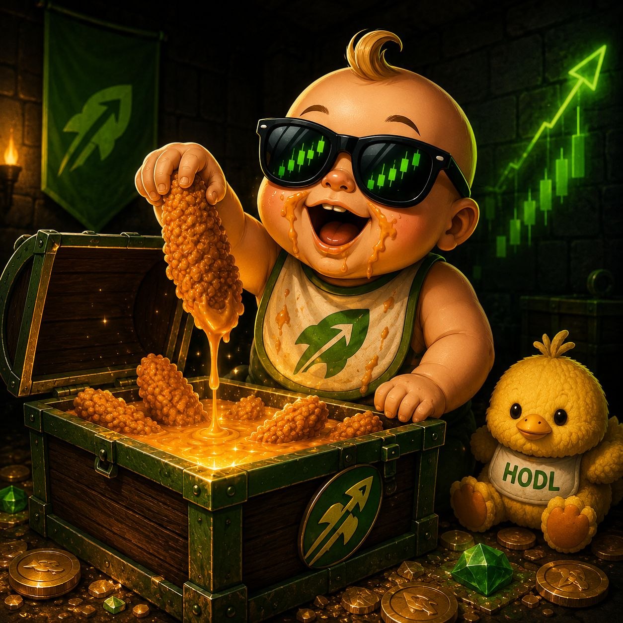 Baby dipping a tendie into a treasure chest of golden sauce