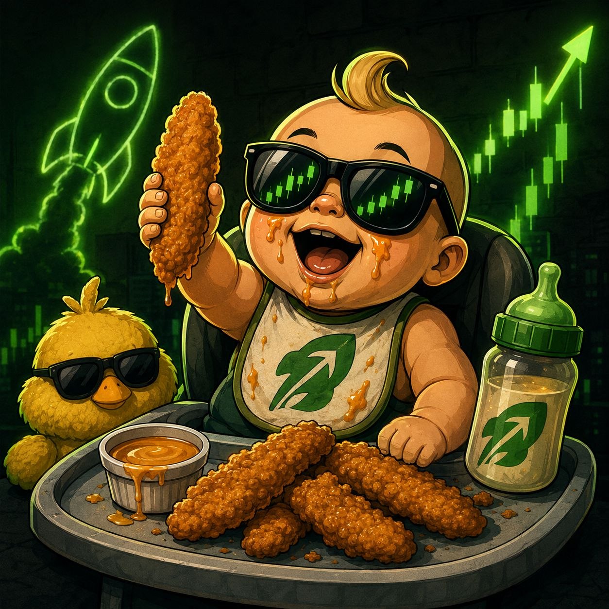 Baby holding a tendie with green rocket and charts